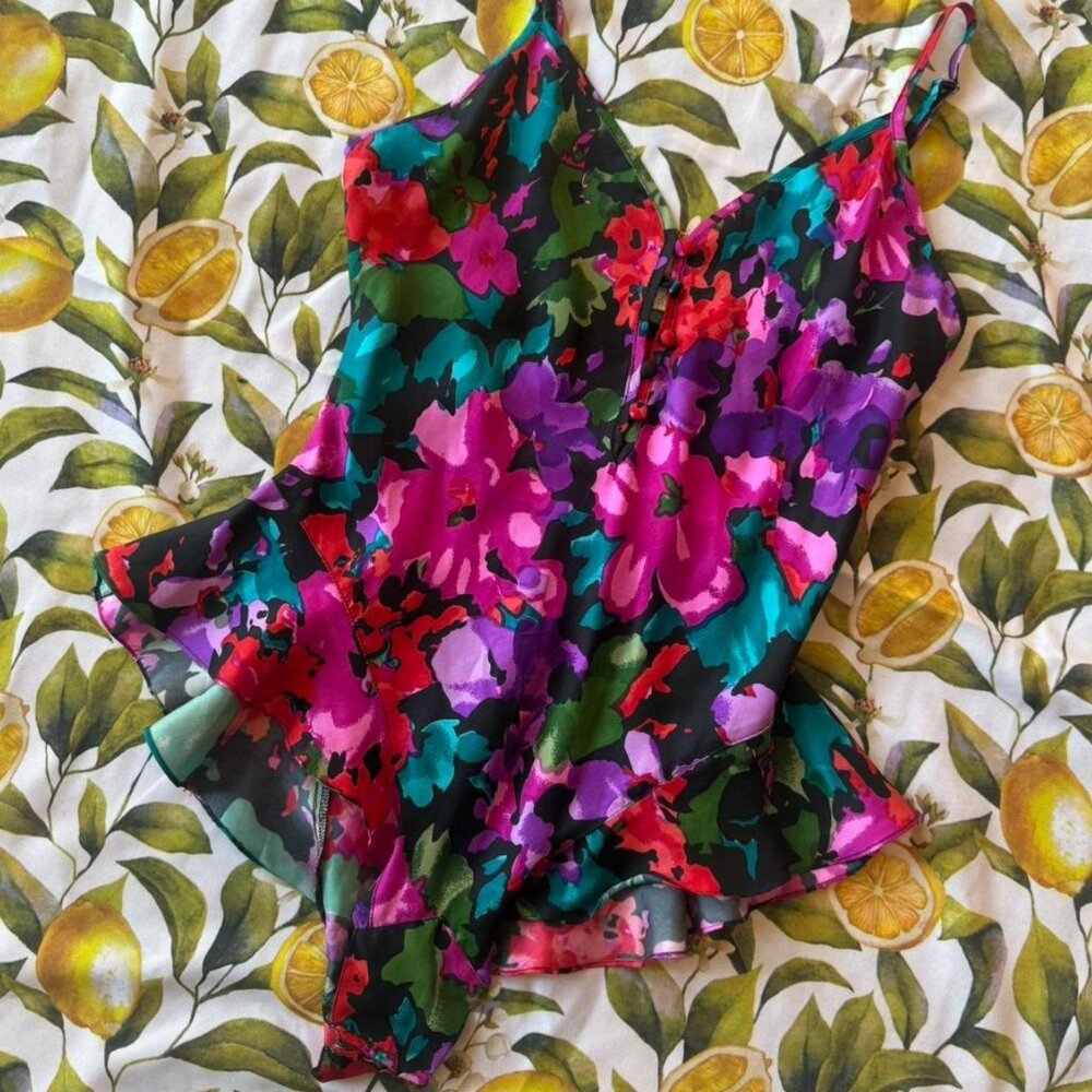 VINTAGE 80s 'RENE ROFE Intimates' VIBRANT Floral 100% silk lingerie teddy! Sz M!